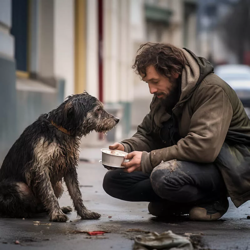 Van life diaries: an image of a man feeding an abandoned dog on a city street