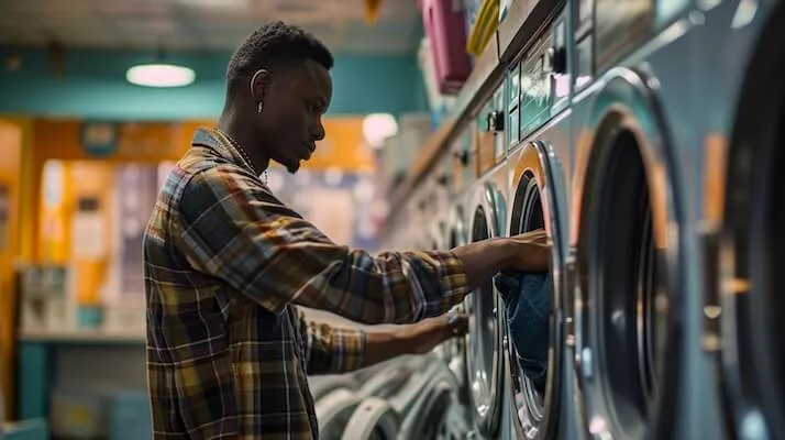 Van life reality: A man does his laundry in a laundromat