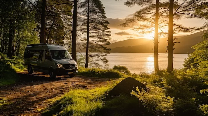 A Mercedes Sprinter camper van parked in a woodland area overlooking a lake at sunrise.