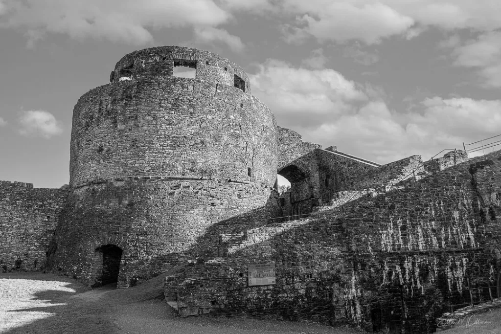 Black and white image of a tower within Dinefwr castle