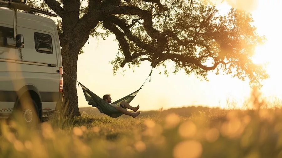 A man relaxing in a hammock erected between a campervan and a tree